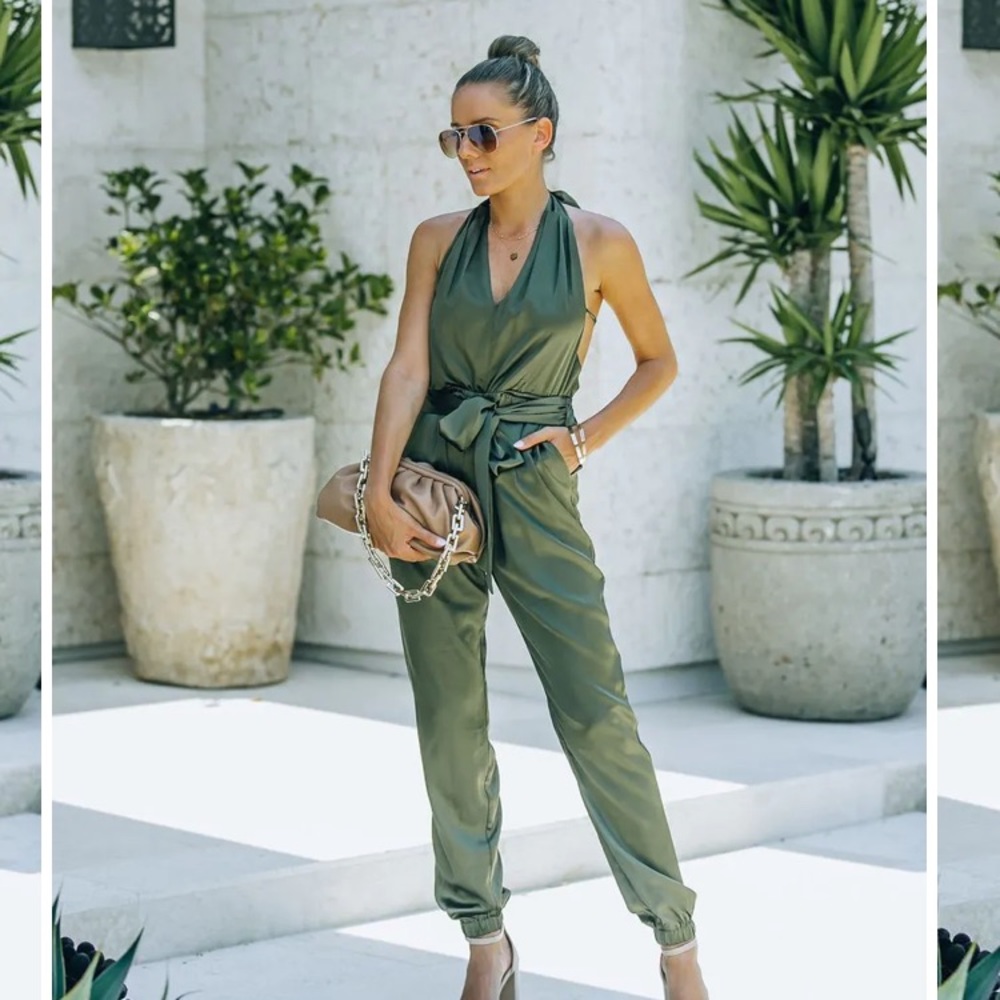 Vici “Vonn” Satin Pocketed Halter Jumpsuit - Olive